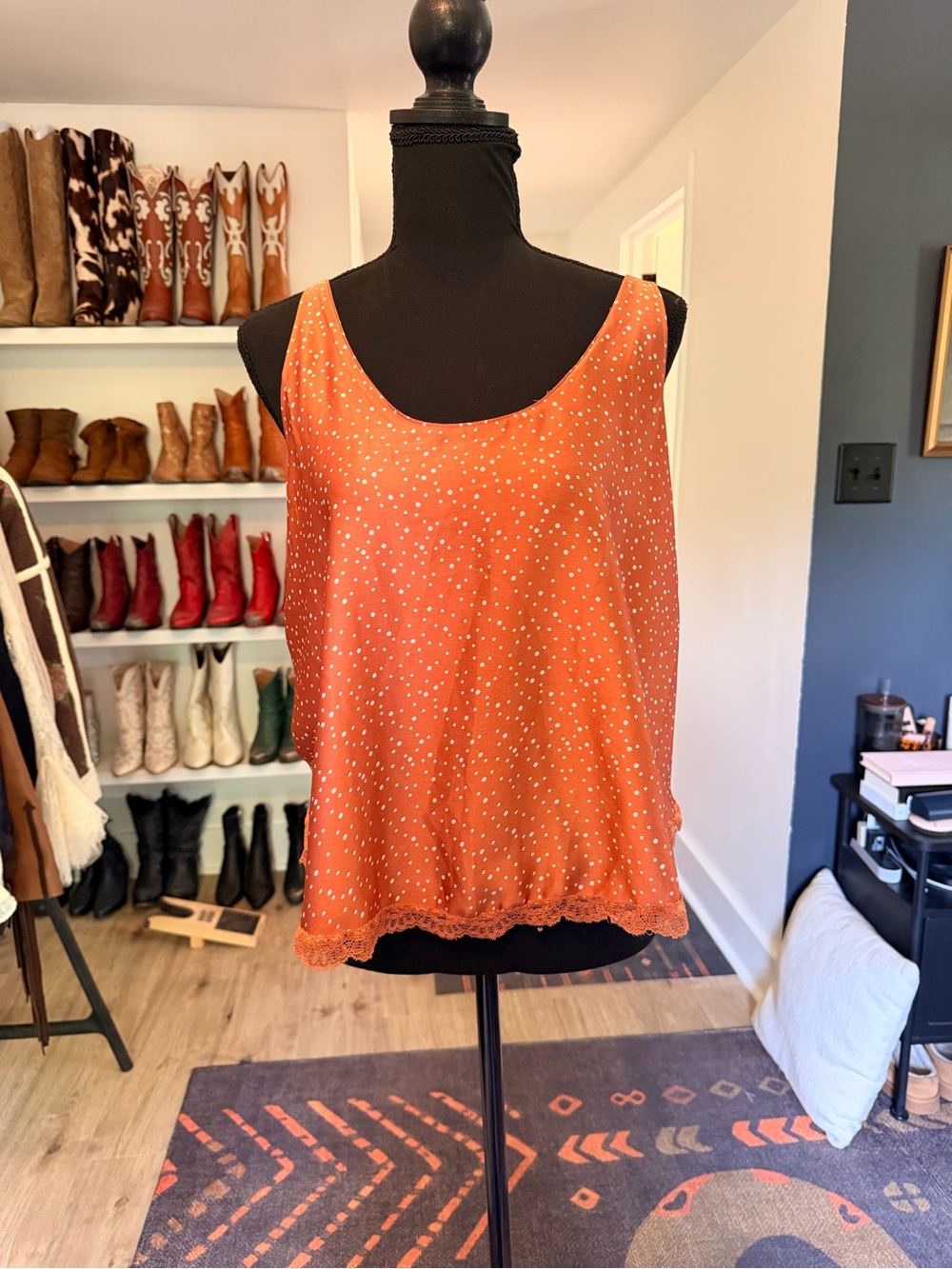 POL Rust Tie-Back Polka Dot Lace-Hem Camisole